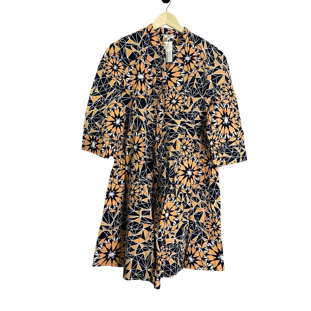 Zuri Allium 100% Cotton Print Dress 1X New Beige White Navy Blue Geometric